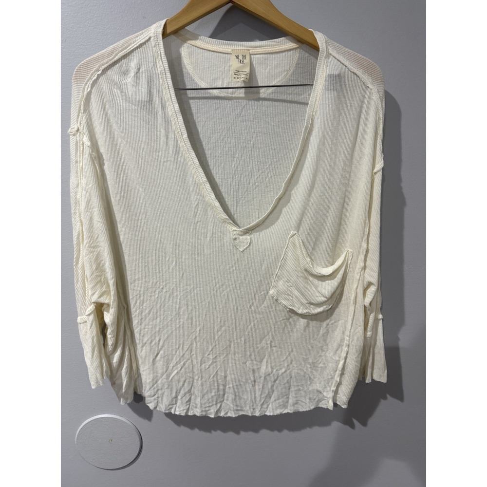 Free People Golden Gate Tee Size S White Ribbed Knit Oversized V Neck Pocket Top